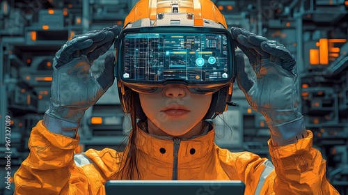 Woman in futuristic helmet with digital display looking at a screen. photo