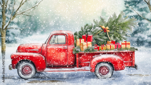 Red Pick Up Truck with Christmas Tree