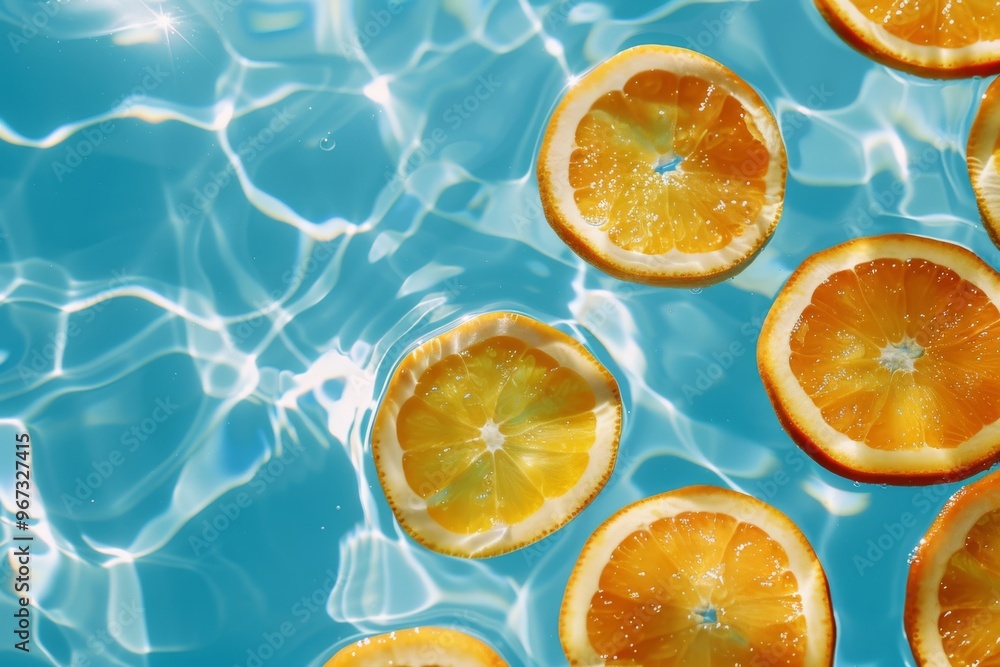 Slices of oranges float in a pristine blue swimming pool, creating a refreshing and tropical summer vibe. Slices of oranges float in a pristine blue swimming pool, creating a refreshing and tropical summer vibe.