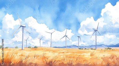 A mesmerizing watercolor scene of towering wind turbines scattered across an arid desert, their blades spinning amidst the warm glow of the golden sands photo