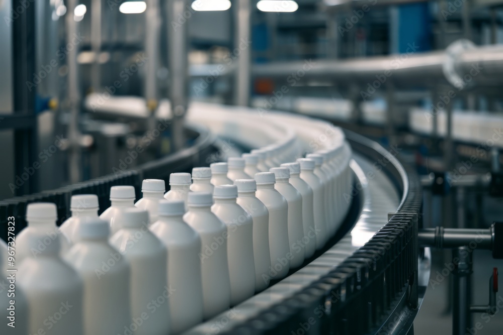 A production line at a modern factory filled with white plastic bottles, emphasizing precision and high-volume manufacturing. A production line at a modern factory filled with white plastic bottles, emphasizing precision and high-volume manufacturing.
