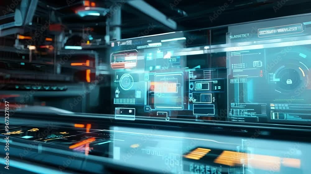 Futuristic hologram is displaying technical information above a production line, showcasing the integration of advanced technology in modern manufacturing processes Futuristic hologram is displaying technical information above a production line, showcasing the integration of advanced technology in modern manufacturing processes