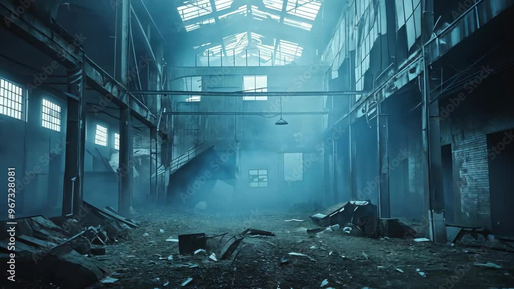 Exploring an abandoned old warehouse filled with debris and haunting atmosphere at twilight Exploring an abandoned old warehouse filled with debris and haunting atmosphere at twilight