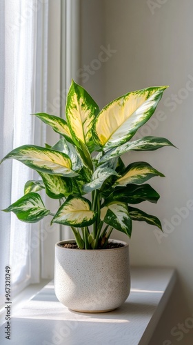 a potted dumb cane plant by the window in minimalist style of indoor plants