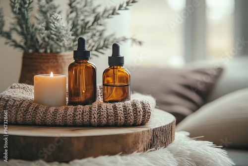 A serene setting featuring essential oil bottles, a candle, and cozy textiles, perfect for wellness and relaxation themes.