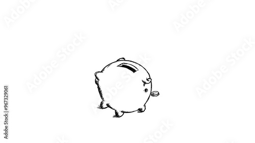 Inflation metaphor piggybank no coin value whiteboard animated. Cartoon piggy bank with coins and money pooping. Piggy bank gets big coin and returns small as a pooh black and white business explainer photo