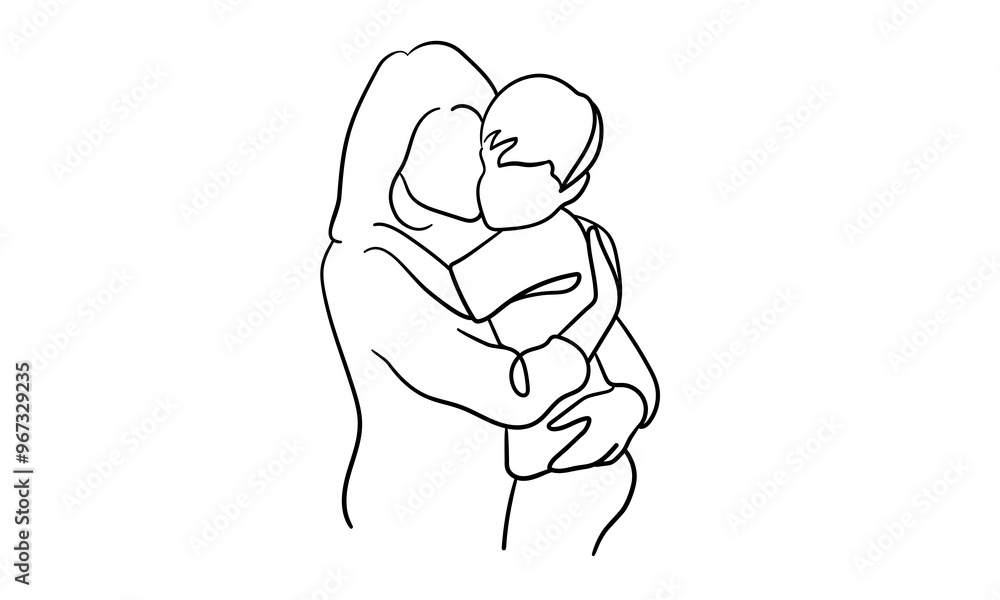 Mother hugs child continuous line art drawing isolated on white background. Mom and son. Vector illustration Mother hugs child continuous line art drawing isolated on white background. Mom and son. Vector illustration