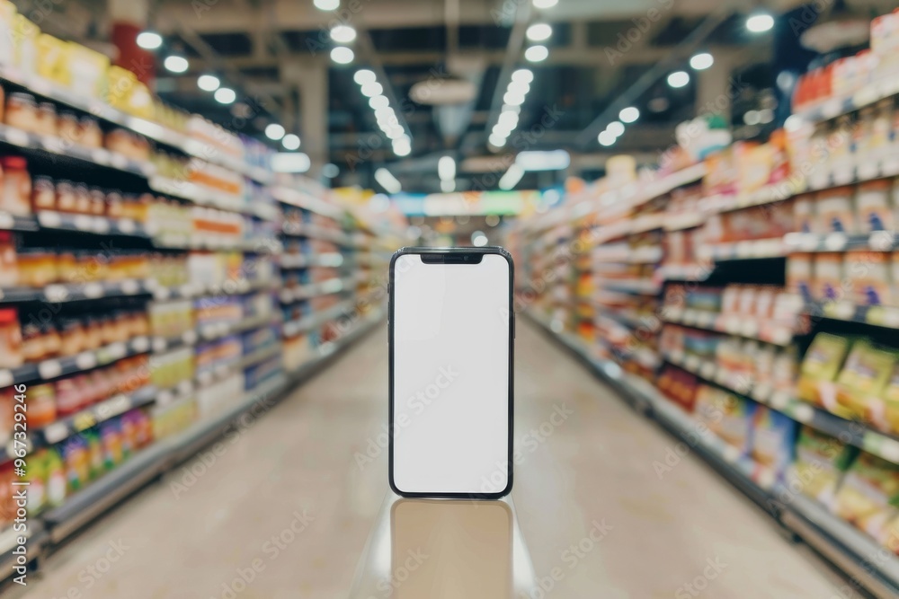 A smartphone with a blank screen stands on a shelf in a well-organized supermarket, focusing on modern technology amidst everyday errands. A smartphone with a blank screen stands on a shelf in a well-organized supermarket, focusing on modern technology amidst everyday errands.