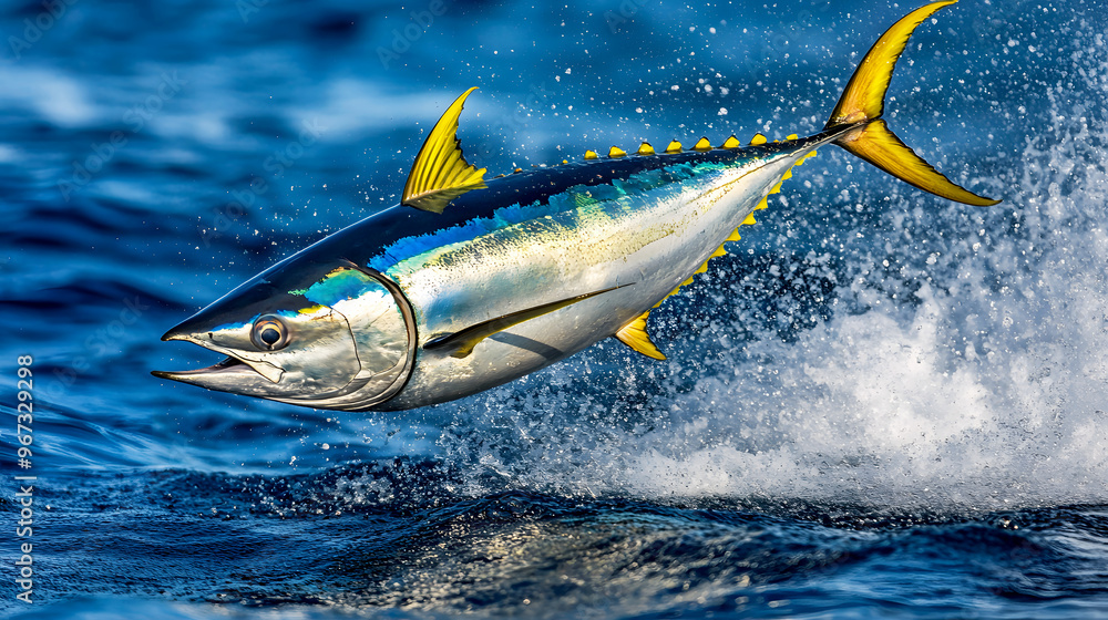 Fototapeta premium tuna fish in action, jumping out of the water with speed and power, framed by the splash and the blue ocean below