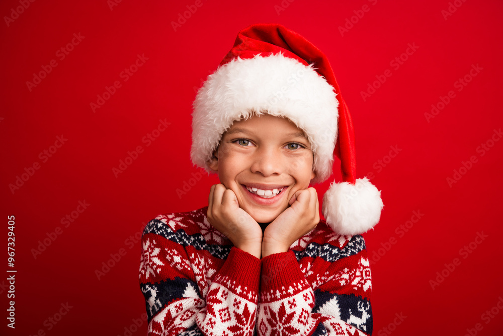 Photo portrait of cute little boy dreamy touch fists cheeks celebrate new year wear knitted outfit isolated on red color background Photo portrait of cute little boy dreamy touch fists cheeks celebrate new year wear knitted outfit isolated on red color background