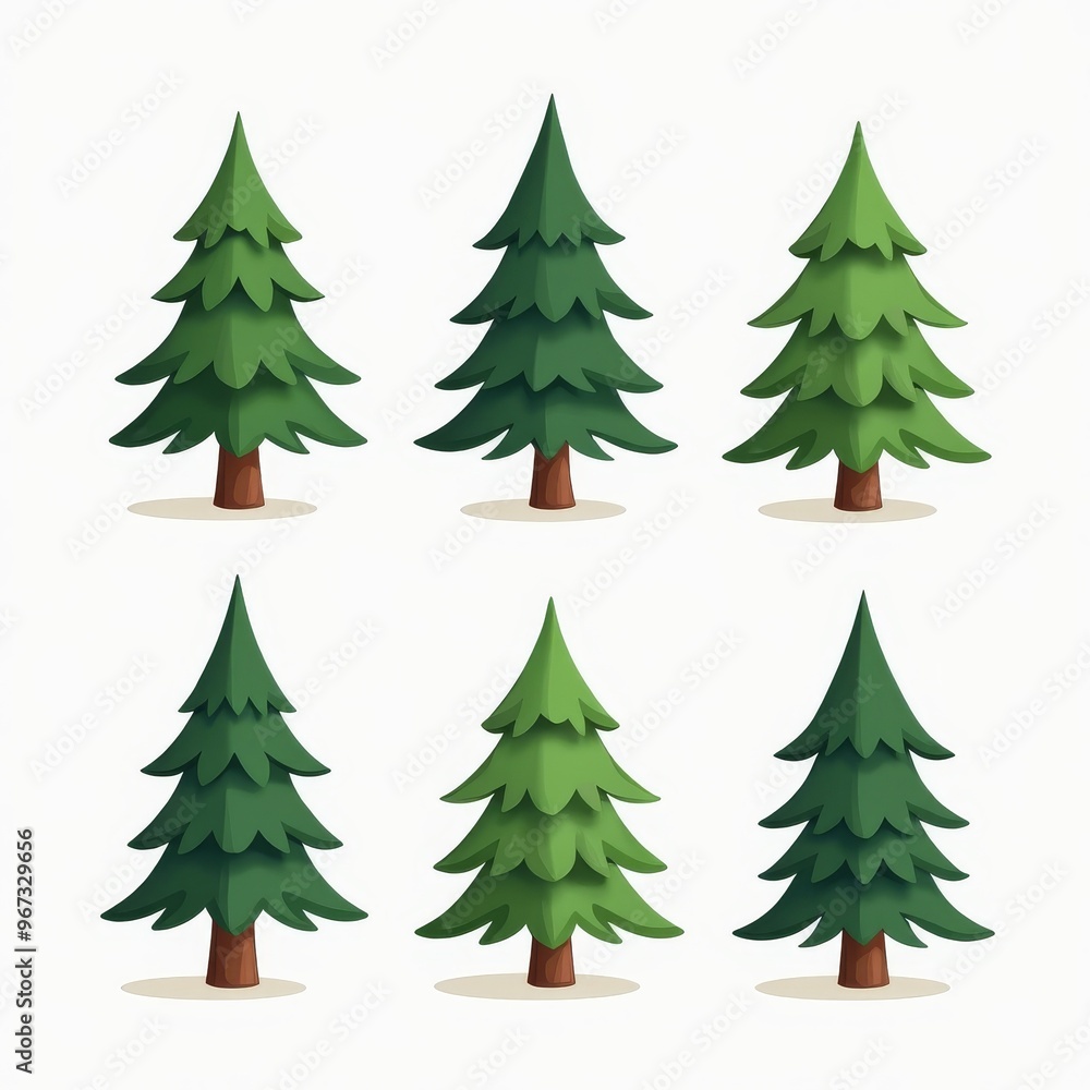 Fototapeta premium Colorful Cartoon Evergreen Trees Collection - Nature Illustration with Six Different Tree Designs.