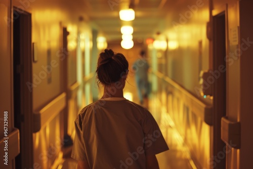 Scarce hospital corridor with a nursing staff member walking down during the late hours, reflecting the quiet dedication of night shift.