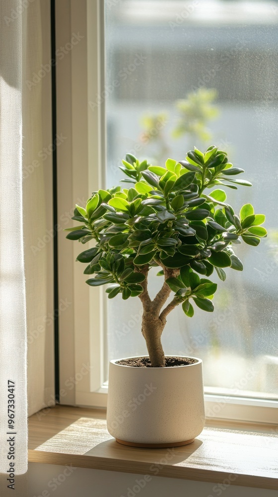 Fototapeta premium a potted jade plant by the window in minimalist style of indoor plants