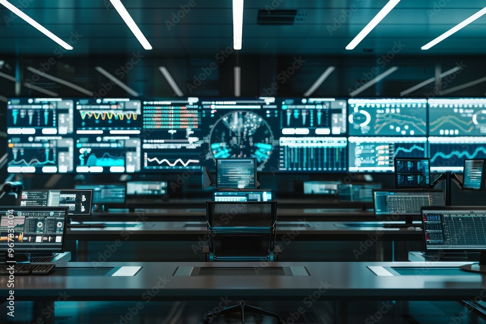 A high-tech control room filled with numerous monitors displaying data and graphics, representing a hub of technological operations and monitoring. A high-tech control room filled with numerous monitors displaying data and graphics, representing a hub of technological operations and monitoring.