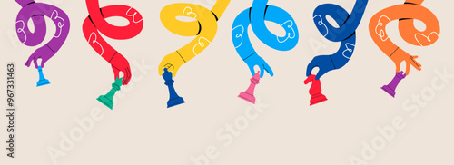 Funny long hands with chess pieces. Collaboration and cooperation, teamwork. Colorful vector illustration