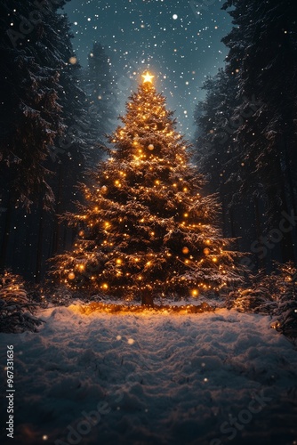 Beautiful Christmas tree in snowy forest with lights