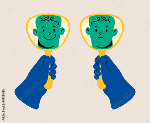 Hands holding a mirror showing two facial expressions. Bipolar affective disorder concept. Colorful vector illustration