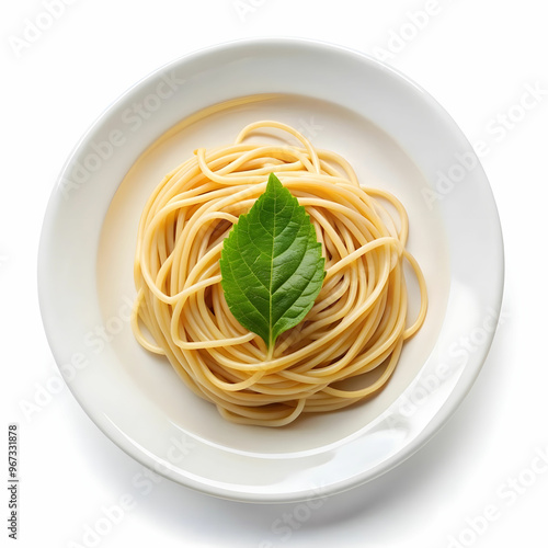 a plate of spaghetti with a green leaf on it on white background