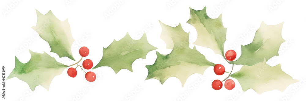 Fototapeta premium PNG Watercolor christmas holly leaves divider leaf illustration berries.