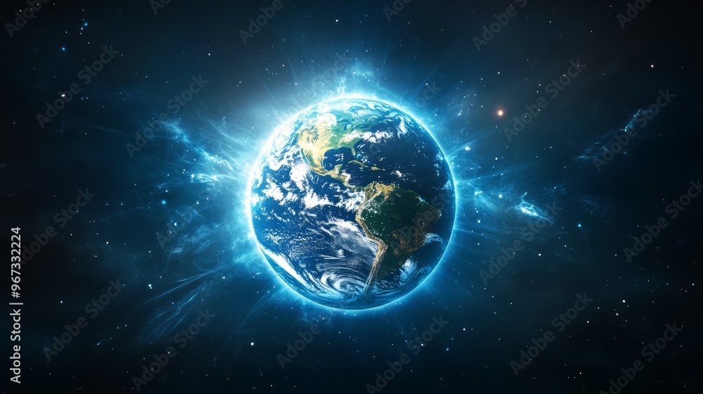 Earth protected by a shield of light. The Earth encased in a glowing and protective shield made of light, with harmful elements being repelled away from the planet Earth protected by a shield of light. The Earth encased in a glowing and protective shield made of light, with harmful elements being repelled away from the planet