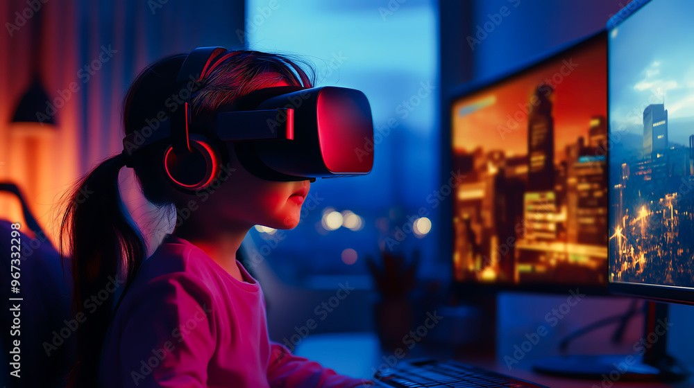 A little girl children having fun in virtual reality headset at home, playing online video game in world metaverse using innovative technology VR glasses exploring cyberspace