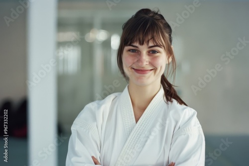 Free Download A woman in a white martial arts gi stands confidently with her arms crossed, smiling brightly in a spacious dojo with soft lighting. - GFXLoad