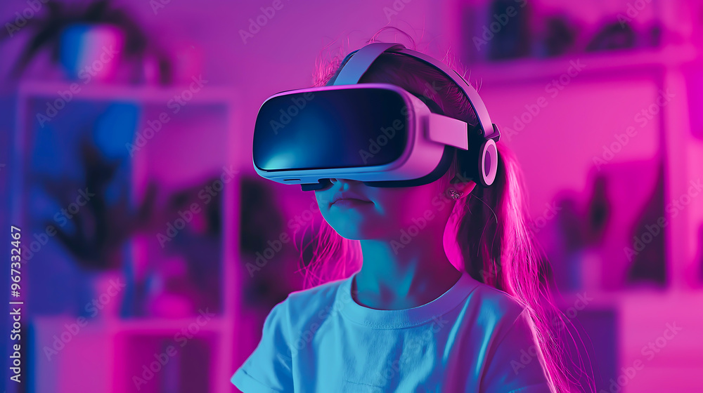A little girl children having fun in virtual reality headset at home, playing online video game in world metaverse using innovative technology VR glasses exploring cyberspace A little girl children having fun in virtual reality headset at home, playing online video game in world metaverse using innovative technology VR glasses exploring cyberspace
