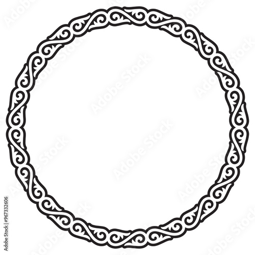 Vector black circular frame with decorative, intricate pattern of swirling lines and shapes. Isolated on white background