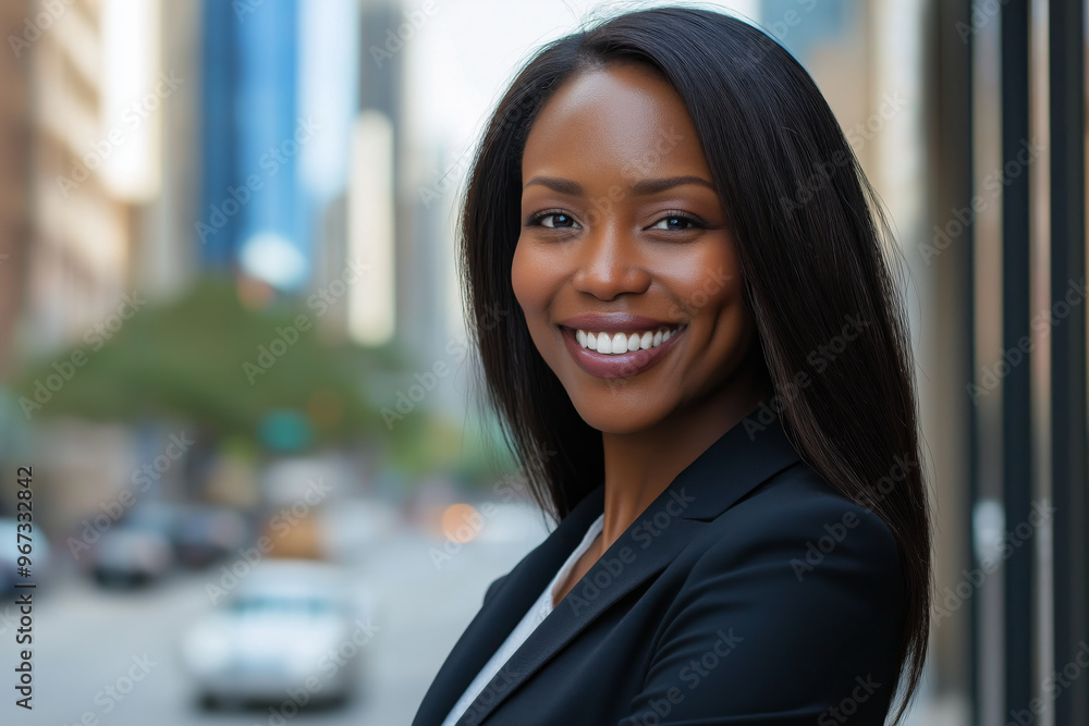 Portrait of a beautiful, modern African American businesswoman in a black suit, standing on a downtown street and smiling Portrait of a beautiful, modern African American businesswoman in a black suit, standing on a downtown street and smiling