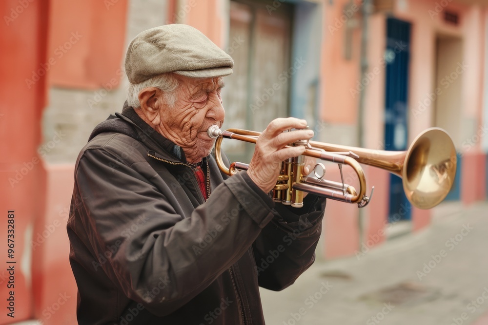 Obraz premium An elderly man passionately playing the trumpet in a colorful street, capturing a moment of pure musical joy and cultural vividness.