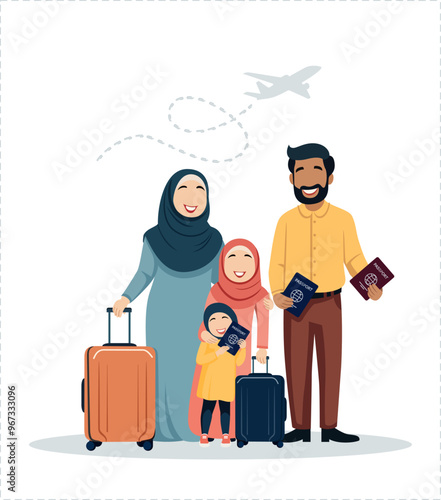 Happy Muslim family of three holding passports posing with suitcases. Flat isolated vector illustrations on white background.