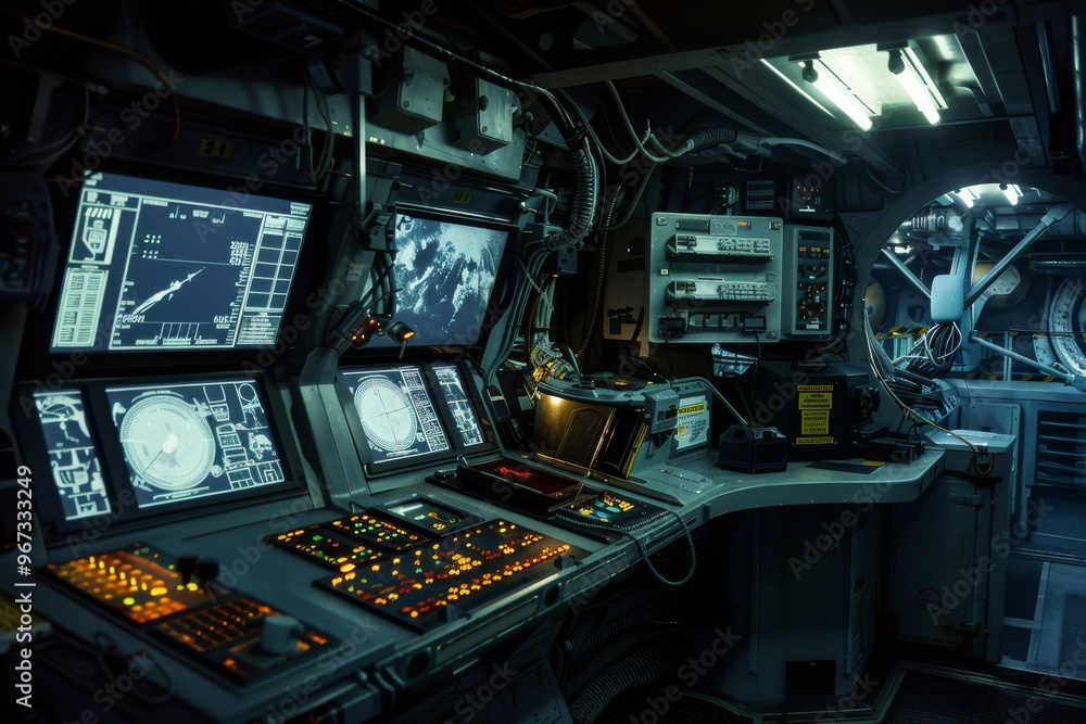 The dimly lit, high-tech control room brims with sophisticated equipment, glowing monitors, and complex machinery, suggesting a space-age environment. The dimly lit, high-tech control room brims with sophisticated equipment, glowing monitors, and complex machinery, suggesting a space-age environment.