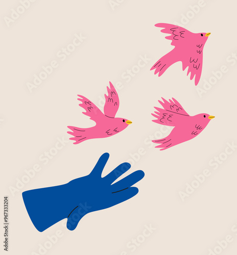 Hand frees bird. Recovering after psychological trauma or depression. Colorful vector illustration