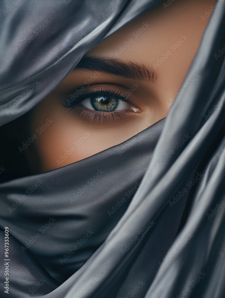 Partially covered face with dark silky fabric, mysterious vibe Partially covered face with dark silky fabric, mysterious vibe