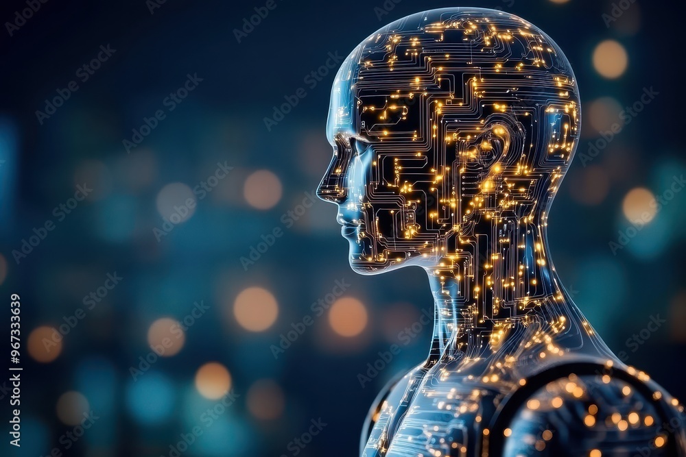 Futuristic humanoid figure with glowing circuitry, symbolizing the intersection of technology and humanity in a digital age. Futuristic humanoid figure with glowing circuitry, symbolizing the intersection of technology and humanity in a digital age.