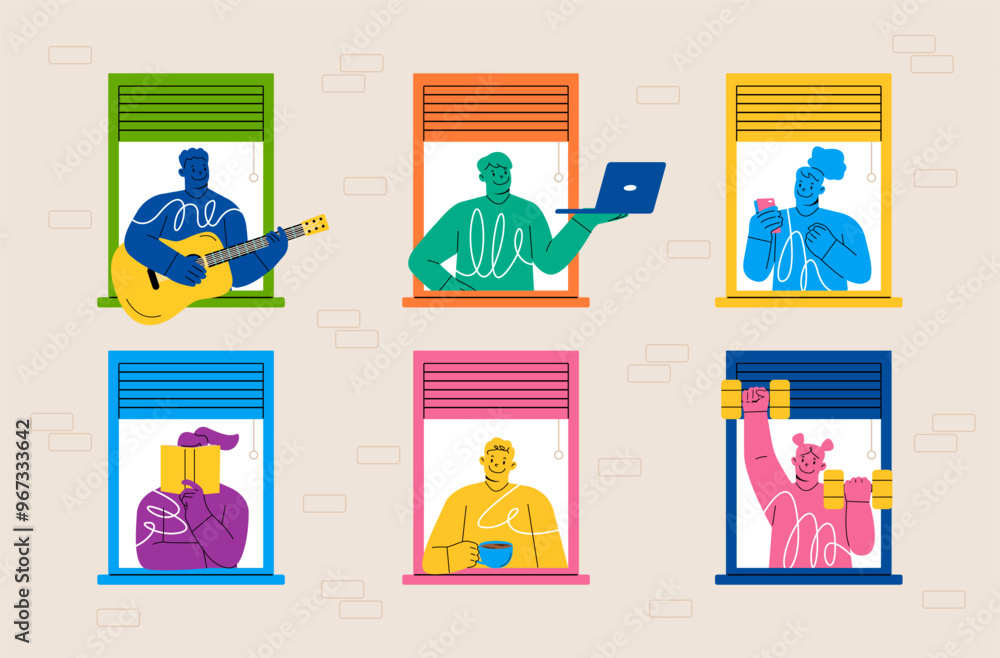 Fototapeta premium Neighbors in house windows. People in apartments work on computer, play guitar, doing exercises, read book and look outside in windows. Colorful vector illustration