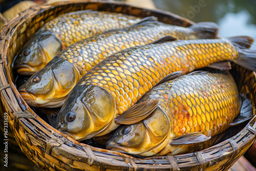 Carp fish in a basket in a fishing village. photo