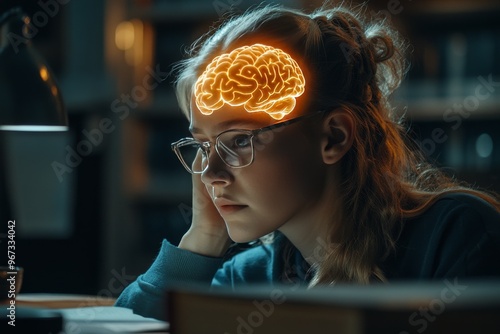 Neural augmentation mind body tech human neural pathways and brain connectivity woman in thoughtful pose with glowing brain illustration symbolizing cognitive processes and mental function photo