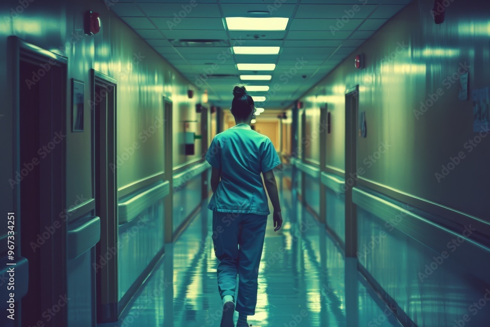 A solitary nurse walks down a dimly lit, empty hospital hallway, reflecting dedication and solitude in the late hours. A solitary nurse walks down a dimly lit, empty hospital hallway, reflecting dedication and solitude in the late hours.