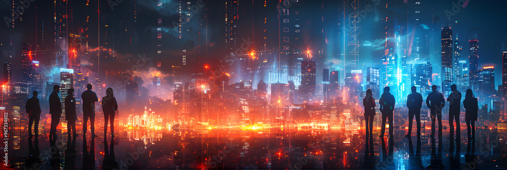 Fototapeta premium Futuristic Business Team in Front of Digital Data Screens with City Skyline and Blue-Orange Lighting