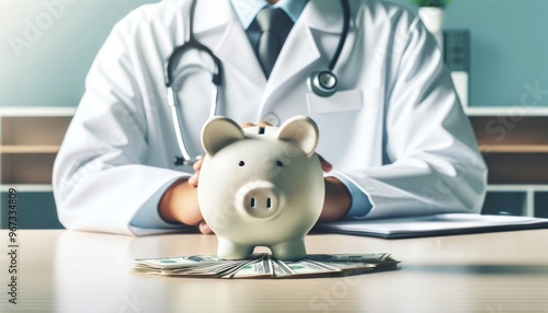  Medical professional in white coat with piggy bank and stack of money on the table – concept for healthcare costs and financial planning photo