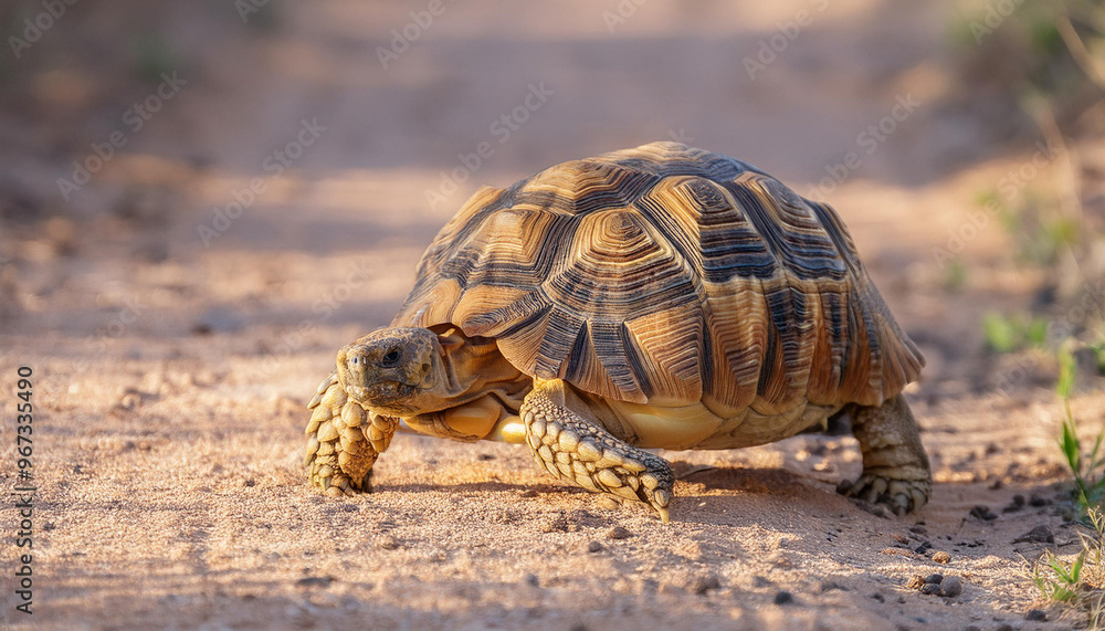 Leopard Tortoise Walking on a Sandy Path in the Afternoon Sun and Copy Space Leopard Tortoise Walking on a Sandy Path in the Afternoon Sun and Copy Space