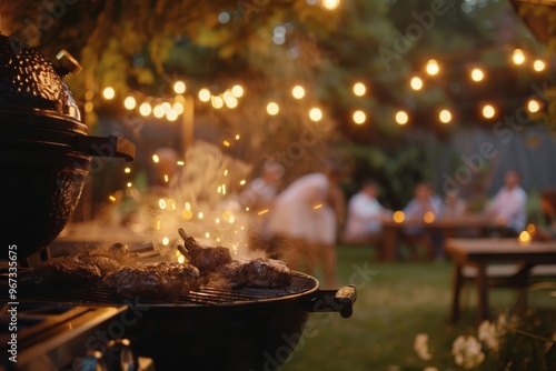 A cozy backyard barbecue scene with steaks sizzling on a grill and soft bokeh lights in the background, evoking a warm, convivial atmosphere.