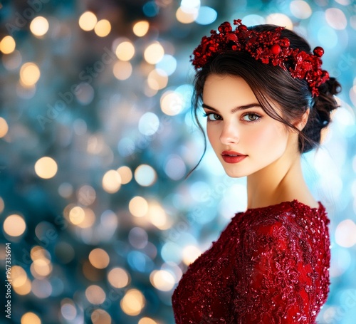 A captivating close-up portrait of a woman in a sparkling red dress with a red floral headpiece photo