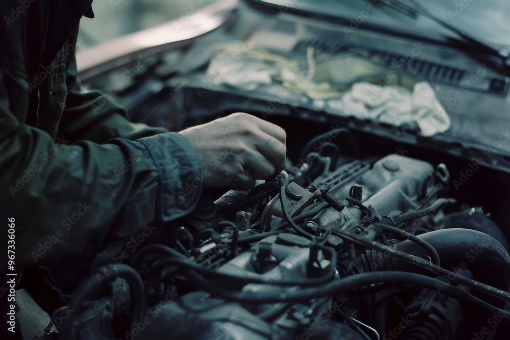 Hands of a mechanic working on a car engine, surrounded by a tangle of wires and parts, highlighting diligence and technical expertise. Hands of a mechanic working on a car engine, surrounded by a tangle of wires and parts, highlighting diligence and technical expertise.