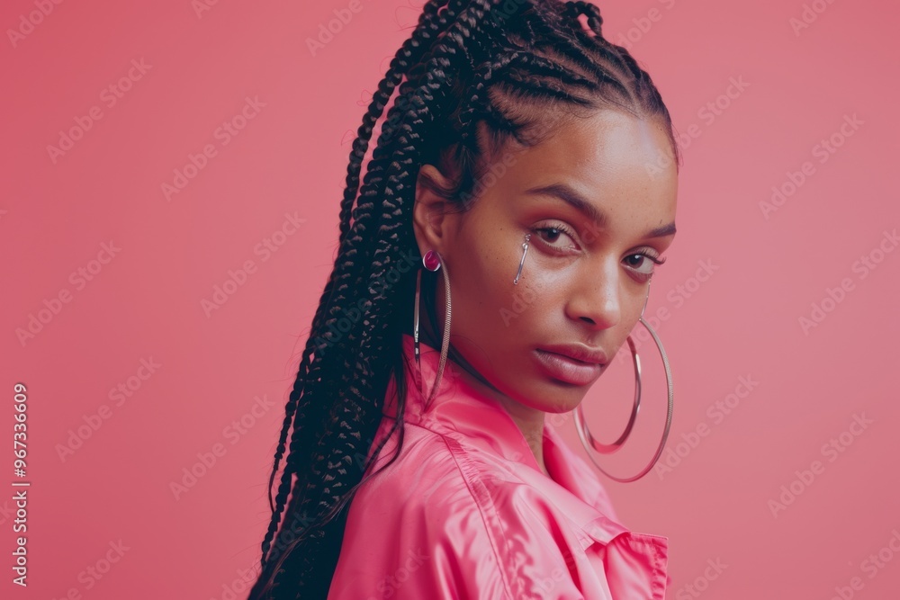 Graceful woman poses with a sense of refined elegance in a pink setting, characterized by her elaborate braids and stylish attire. Graceful woman poses with a sense of refined elegance in a pink setting, characterized by her elaborate braids and stylish attire.