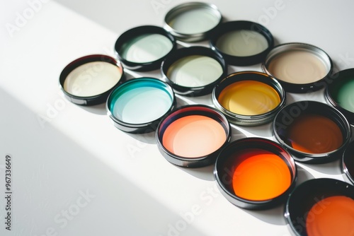 A set of vibrant camera lens filters beautifully arranged, displaying their colorful gradient and reflective properties.