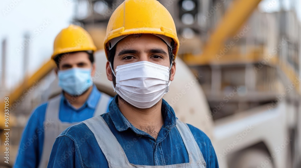 Cement factory workers wearing masks and helmets, operating heavy machinery, Cement industry safety, worker protection Cement factory workers wearing masks and helmets, operating heavy machinery, Cement industry safety, worker protection