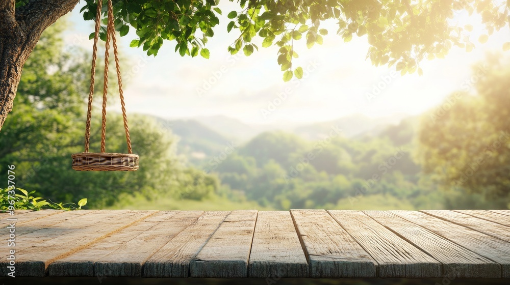 An aged wooden deck featuring a wicker swing suspended from a tree against a 3D rendered fuzzy background of nature. An aged wooden deck featuring a wicker swing suspended from a tree against a 3D rendered fuzzy background of nature.