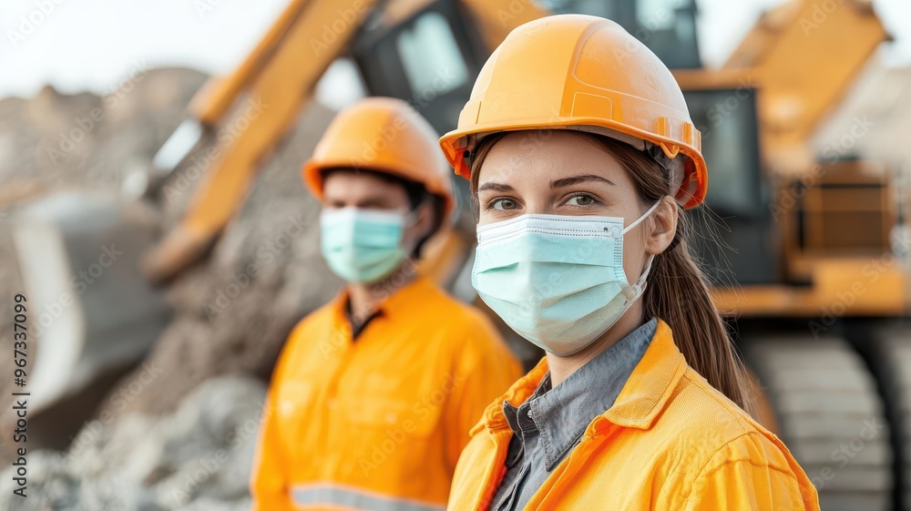 Cement factory workers wearing masks and helmets, operating heavy machinery, Cement industry safety, worker protection Cement factory workers wearing masks and helmets, operating heavy machinery, Cement industry safety, worker protection